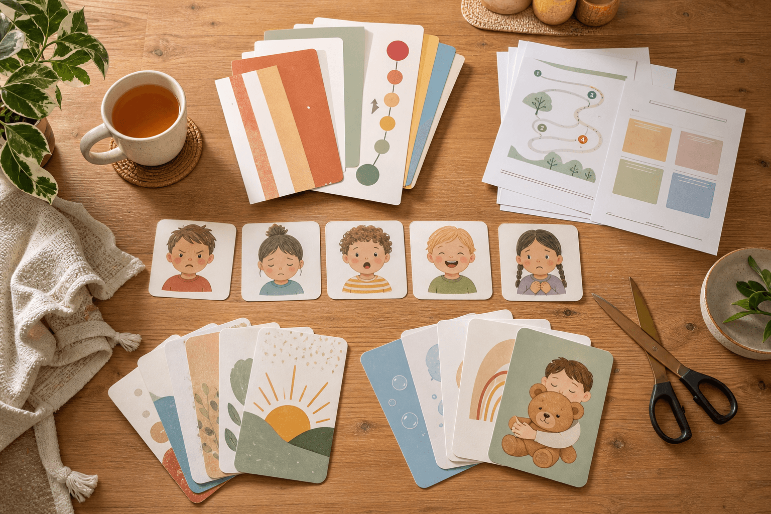 Geprinte emotiekaarten, kalmeerkaarten en boosheidsmeter op een keukentafel